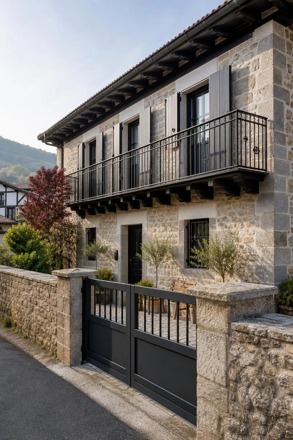 Casa de piedra con balcón y puerta de acero en Gipuzkoa