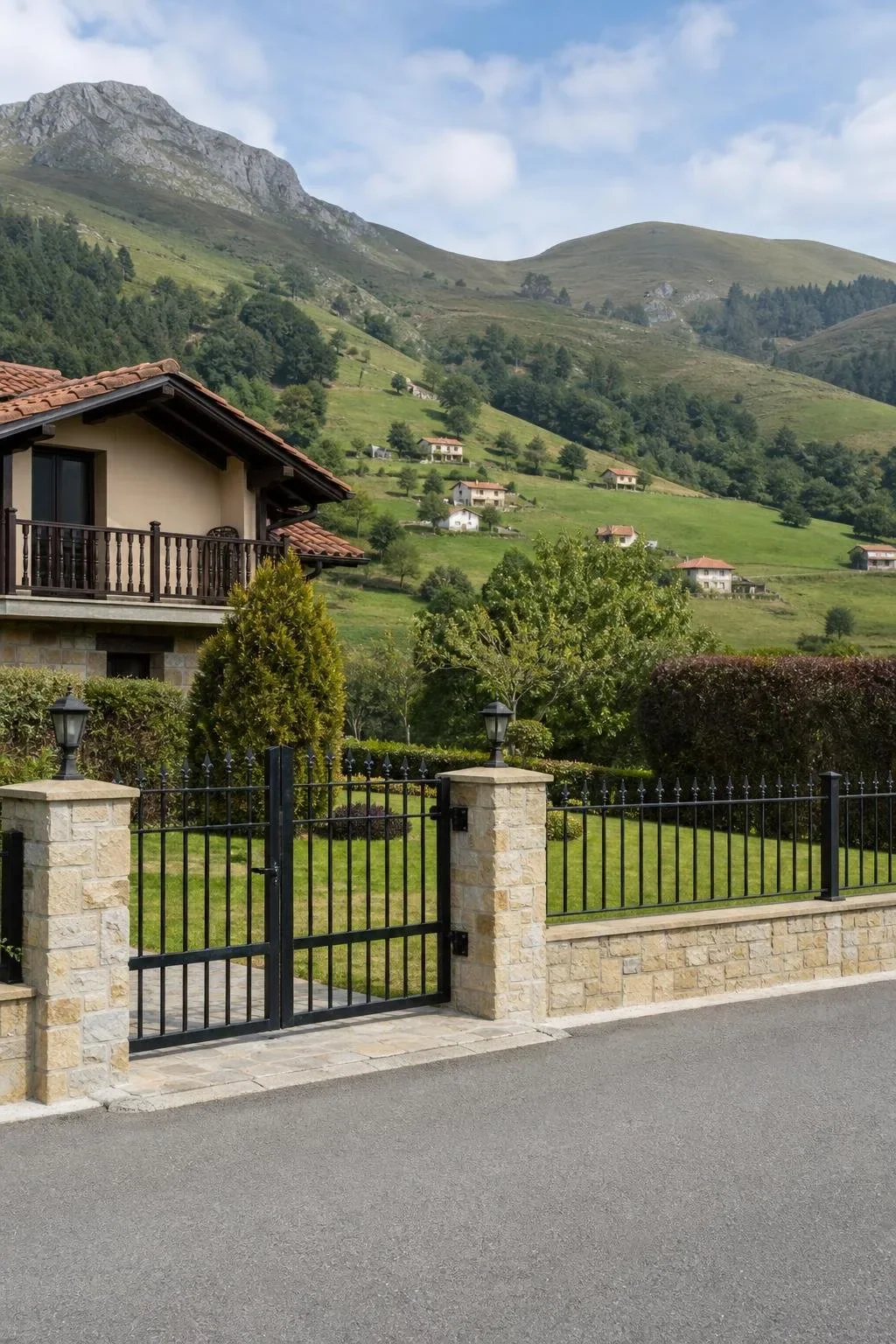 Vallado de acero negro de una casa con monte verde al fondo