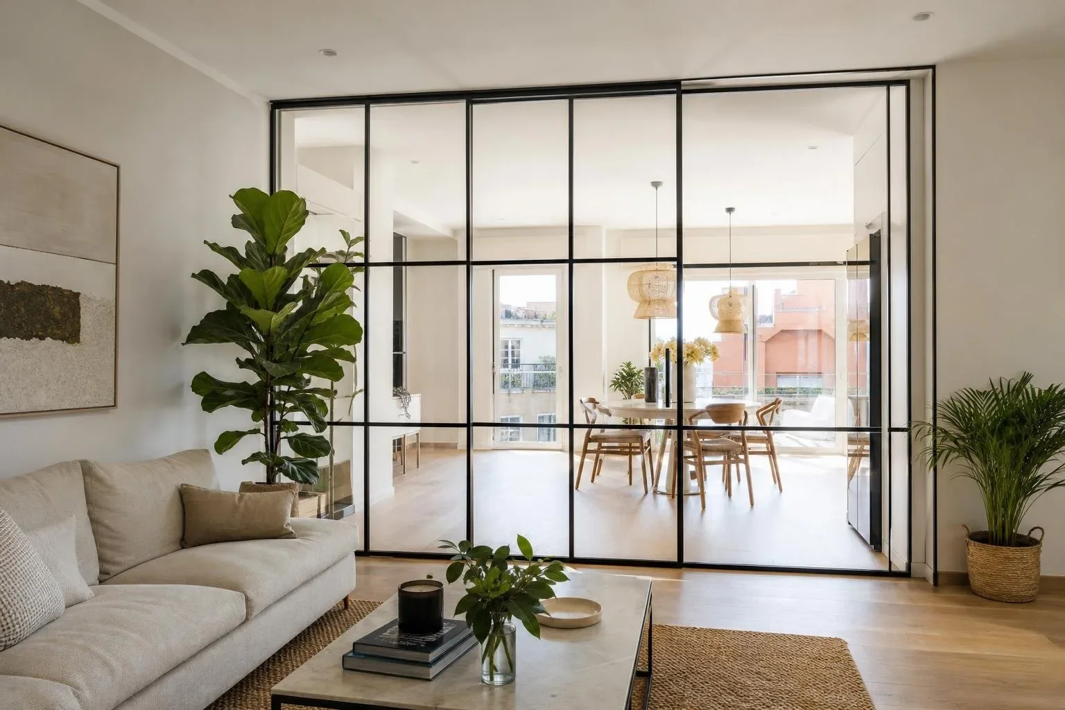 Cerramiento de acero negro y vidrio en una vivienda