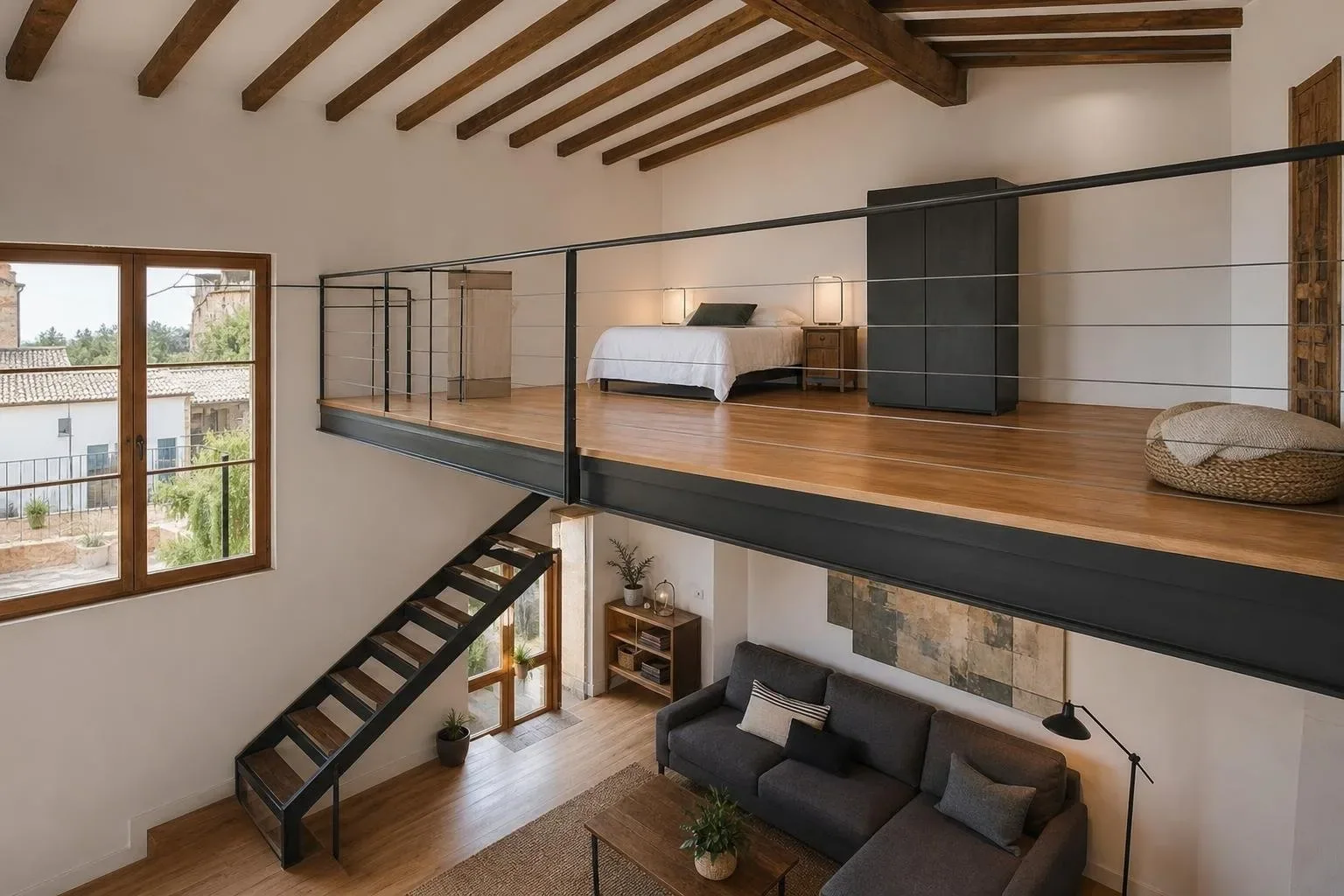 Entreplanta de acero en una vivienda con vigas de madera