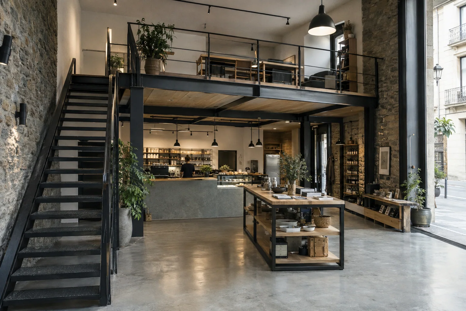 Entreplanta de estructura de acero en un local comercial