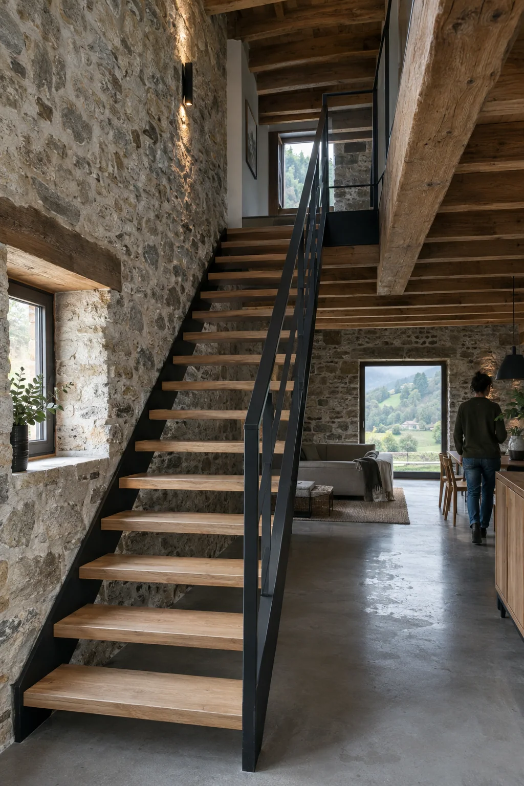 Escalera de zanca de acero y peldaños de roble en un caserío rehabilitado