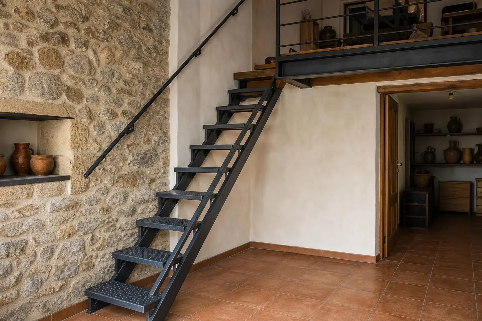 Escalera de acero en una casa con muros de piedra