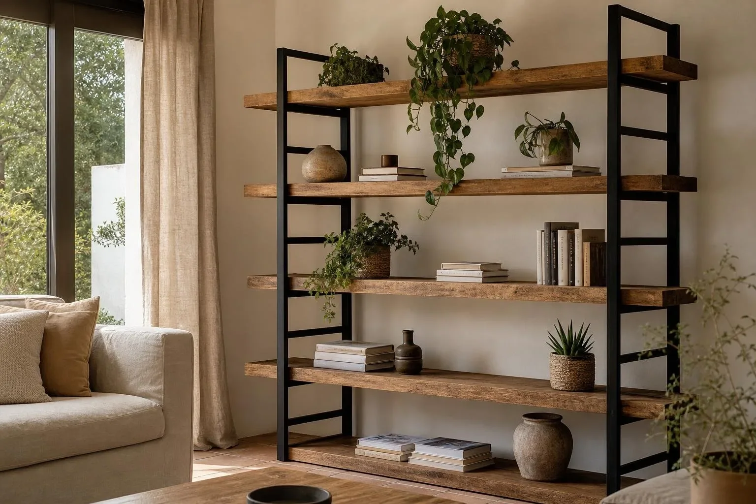 Estantería de acero negro y baldas de madera