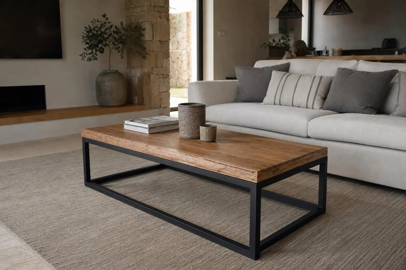 Mesa de centro de acero y madera en un salón