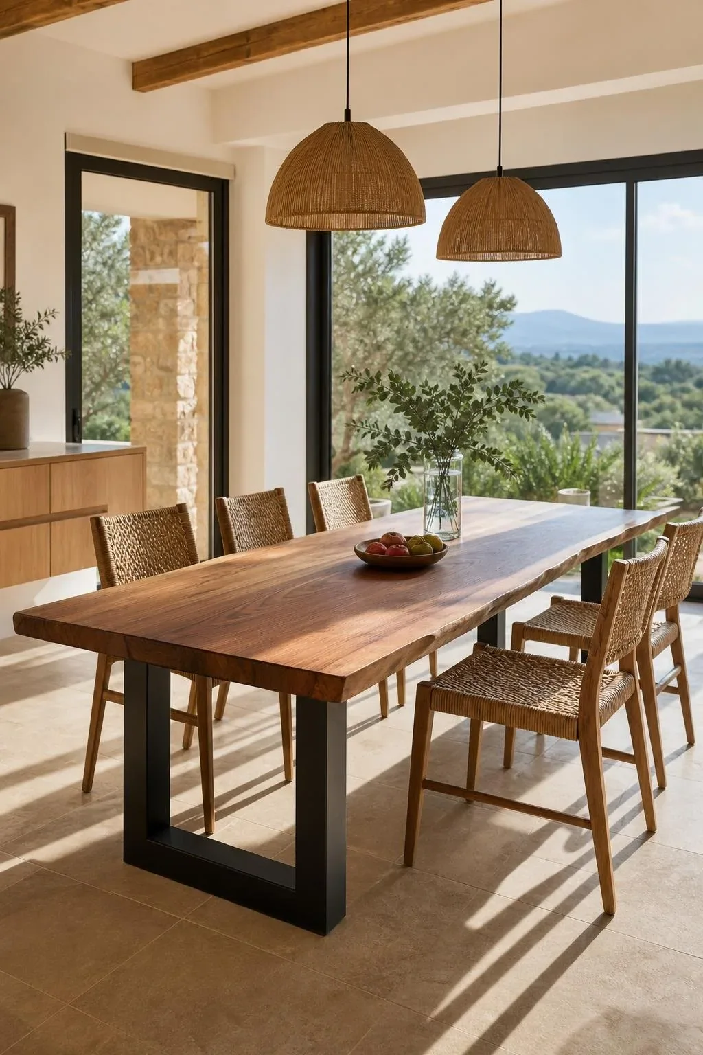 Mesa de comedor de madera con estructura de acero