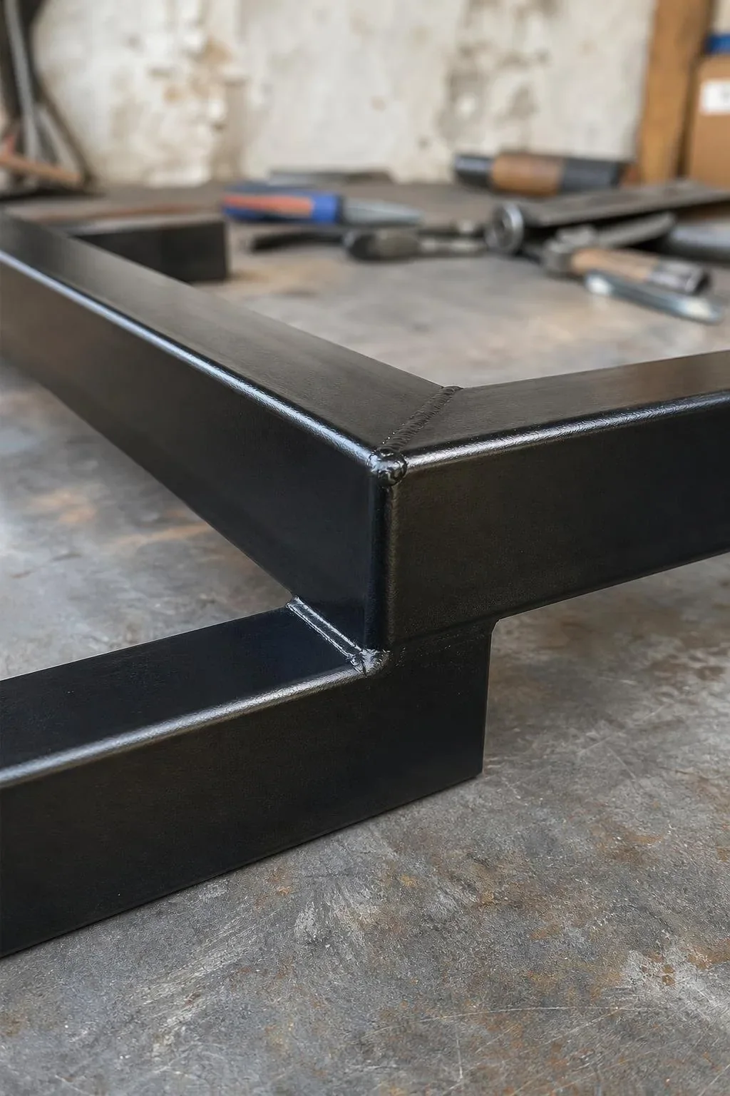 Detalle de la unión de una mesa de acero y madera
