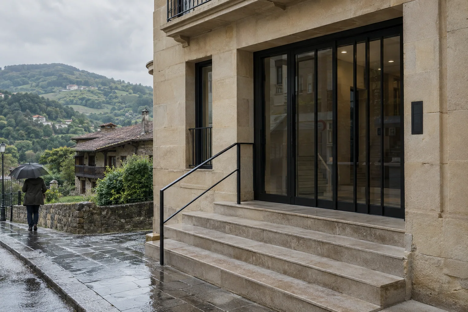 Portal de un edificio de San Sebastián con puerta de acero negro y vidrio