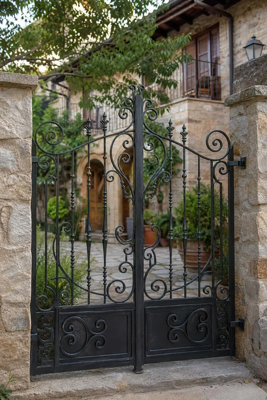 Puerta de forja en la entrada de una casa de piedra