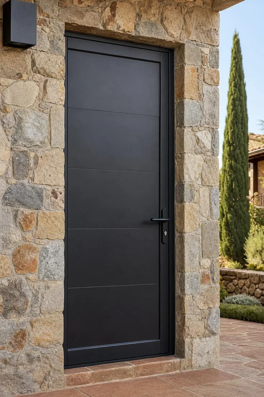 Puerta peatonal de acero negro en fachada de piedra