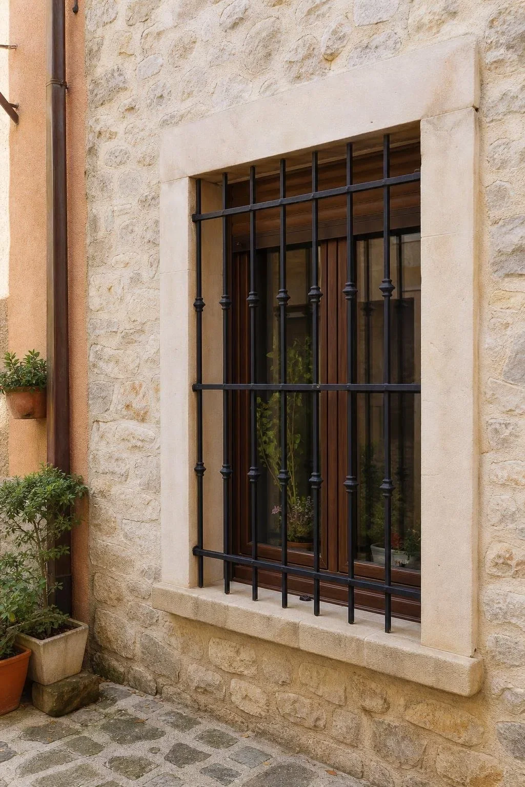 Reja de acero en una ventana de piedra