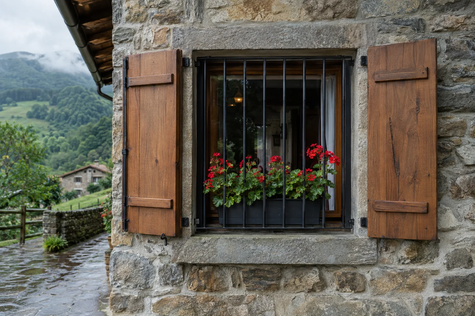 Reja de acero negro en la ventana de un caserío de piedra