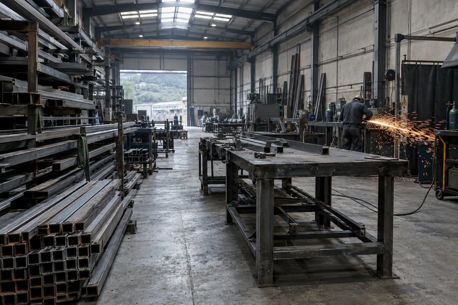Taller de herrería en Hernani con chispas de una radial cortando acero