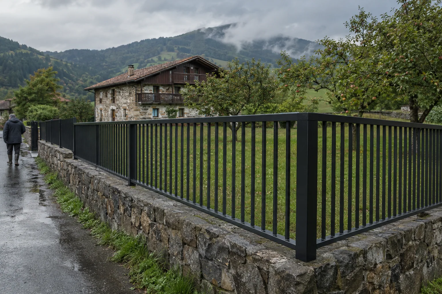 Verja de barrotes de acero negro sobre muro de piedra junto a un prado